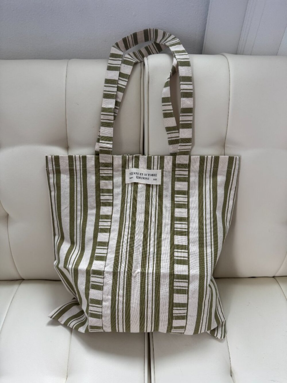 Sézane limited edition striped ecru olive green cotton canvas tote NWOT